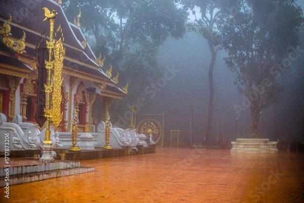 Fototapeta The background of the religious tourist attraction Wat Phra That Doi Tung in the mist in Chiang Rai Province, Thailand, where travelers often stop to make merit.