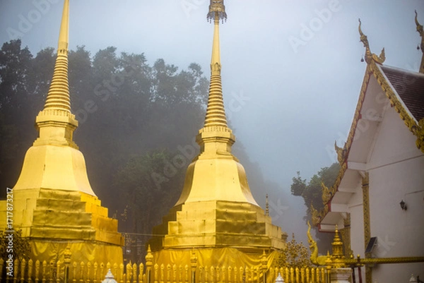 Fototapeta The background of the religious tourist attraction Wat Phra That Doi Tung in the mist in Chiang Rai Province, Thailand, where travelers often stop to make merit.