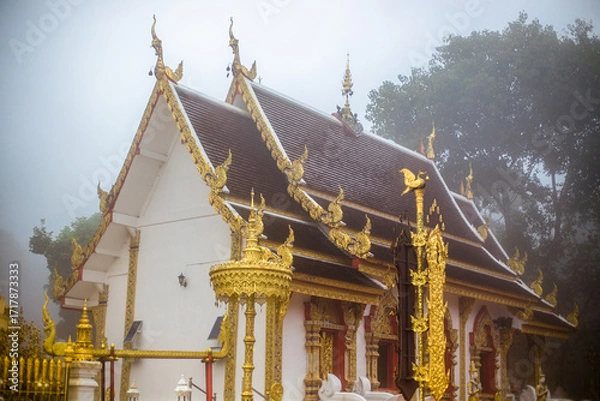 Fototapeta The background of the religious tourist attraction Wat Phra That Doi Tung in the mist in Chiang Rai Province, Thailand, where travelers often stop to make merit.