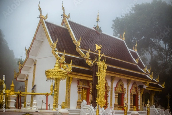 Fototapeta The background of the religious tourist attraction Wat Phra That Doi Tung in the mist in Chiang Rai Province, Thailand, where travelers often stop to make merit.
