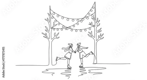 Fototapeta Two Children Ice Skating Under String Lights Between Trees in Winter Scene
