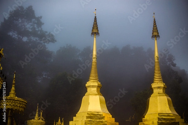 Fototapeta The background of the religious tourist attraction Wat Phra That Doi Tung in the mist in Chiang Rai Province, Thailand, where travelers often stop to make merit.