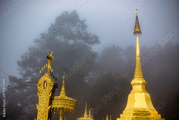 Fototapeta The background of the religious tourist attraction Wat Phra That Doi Tung in the mist in Chiang Rai Province, Thailand, where travelers often stop to make merit.