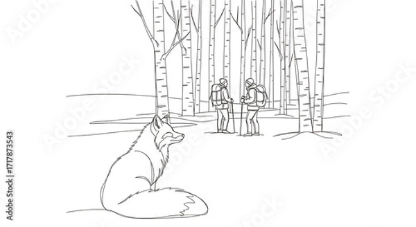 Fototapeta Two Hikers in Forest with a Resting Fox in a Black and White Line Art Illustration