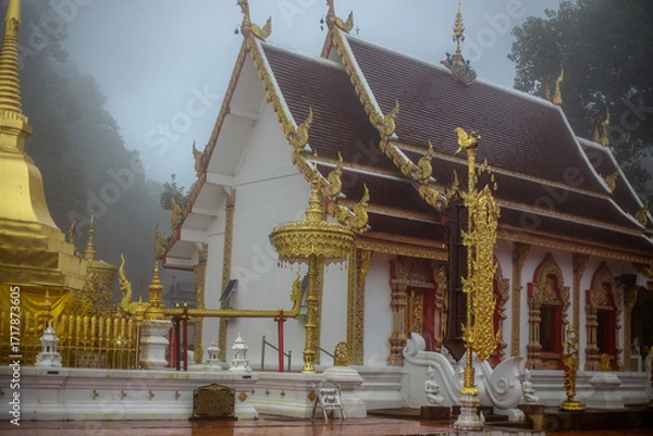 Fototapeta The background of the religious tourist attraction Wat Phra That Doi Tung in the mist in Chiang Rai Province, Thailand, where travelers often stop to make merit.