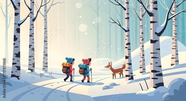 Fototapeta Two Hikers Walking in Snowy Forest with Deer in Winter Scene