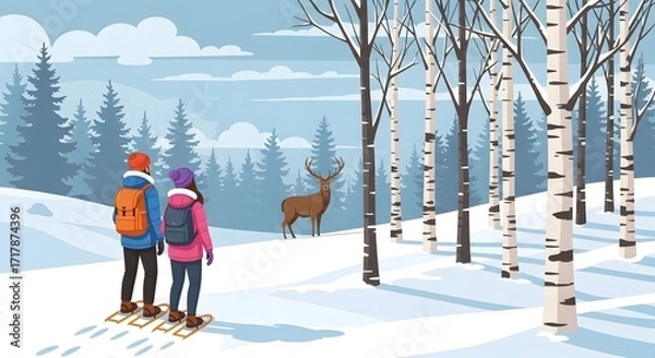 Fototapeta Two People Skiing in Snowy Forest with Deer and Birch Trees