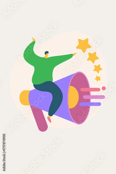 Obraz Colorful illustration of person on megaphone in flat style, green purple yellow colors, communication and marketing concept with space to copy