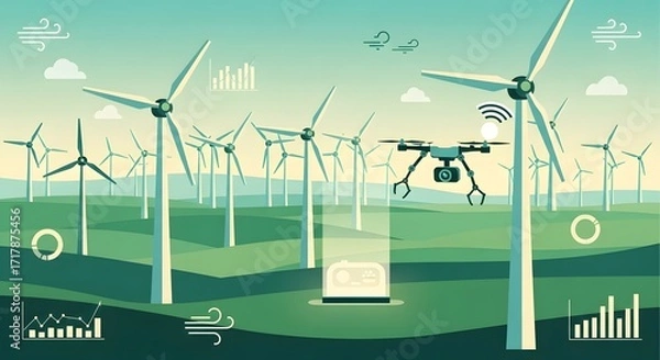 Fototapeta Wind Turbines and Drone in Solar Power Farm with Data Analytics