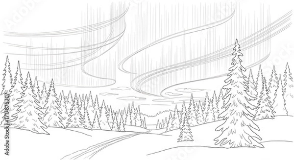Fototapeta Winter Forest Landscape with Tall Pine Trees and Cloudy Sky in Black and White Sketch