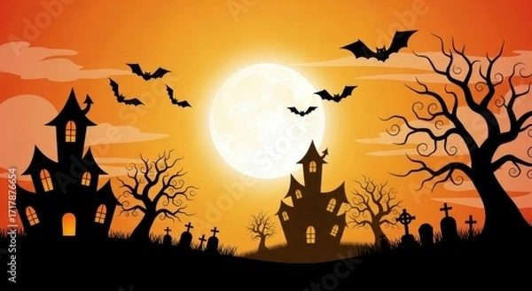 Fototapeta Spooky Halloween Silhouette Scene with Haunted Houses, Bats, and a Full Moon