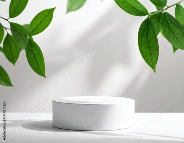 Fototapeta White Cylindrical Display Platform with Green Leaves and Soft Lighting