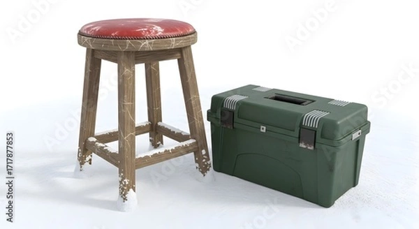 Fototapeta Wooden Stool with Red Cushioned Seat and Green Toolbox on White Background