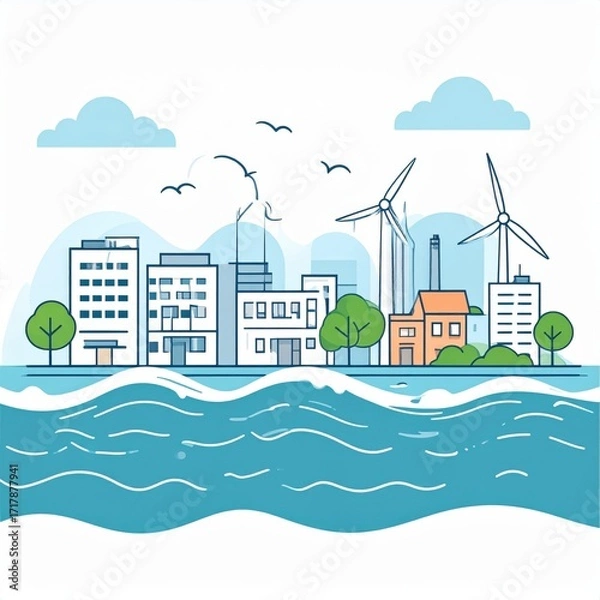 Fototapeta Coastal Cityscape with Wind Turbines and Ocean Waves