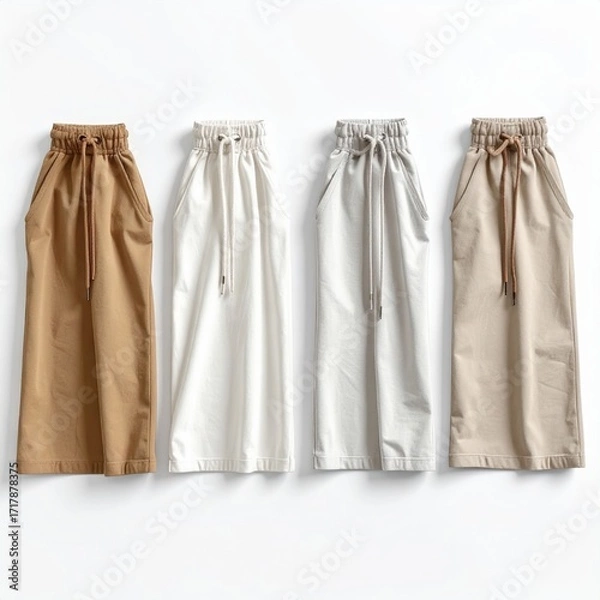 Fototapeta Four Pairs of Wide Leg Drawstring Pants in Beige, Off-White, and Light Brown