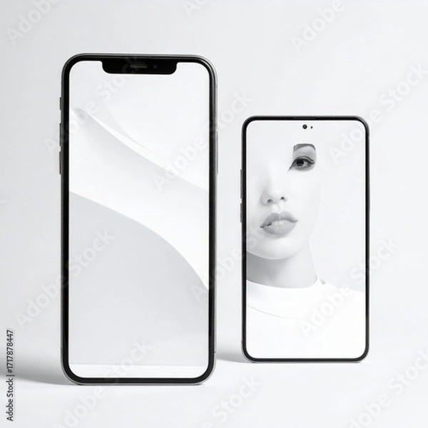 Fototapeta Two Smartphones Displaying Minimalist Designs in Monochrome