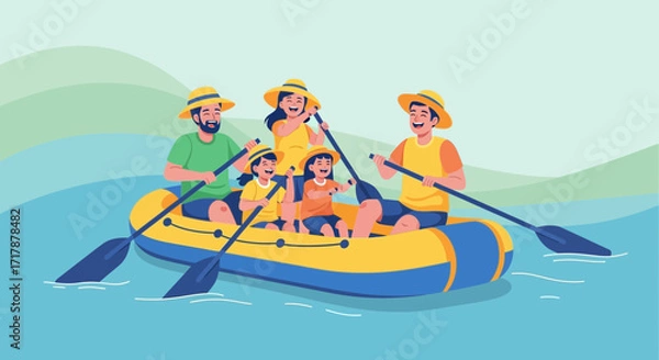 Fototapeta Joyful Family Rafting Adventure, Experiencing Togetherness on Calm Waters, Summer Fun Activity
