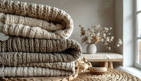 Fototapeta Stack of Knitted Sweaters in Neutral Tones