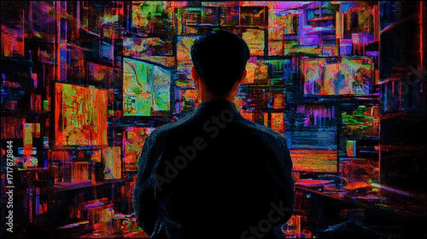 Obraz Silhouette of a person looking at many screens displaying colorful images.