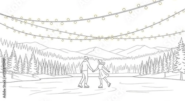 Fototapeta Young Couple Ice Skating Holding Hands Under String Lights in Mountain Forest Scene