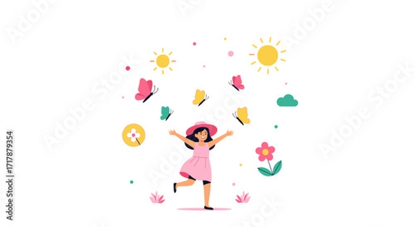 Fototapeta Joyful Girl Plays Happily While Dancing With Colorful Butterflies And Nature In The Background
