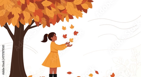 Fototapeta Joyful Girl Plays Under Autumn Tree, Reaching For Falling Autumn Leaves In The Breeze