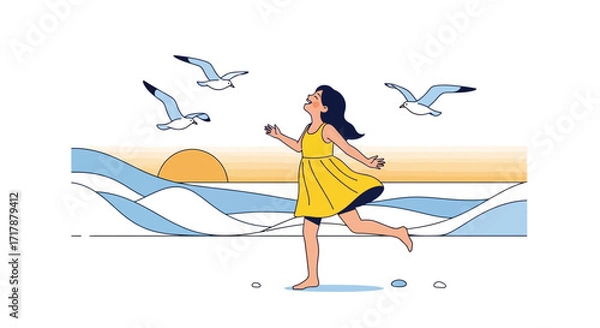 Fototapeta Joyful Girl Reveling In Freedom, Dancing Near the Seashore, Experiencing Nature's Delight