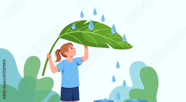 Fototapeta Joyful Girl Sheltering Under Leaf Amidst Rain Drops and Serene Surroundings
