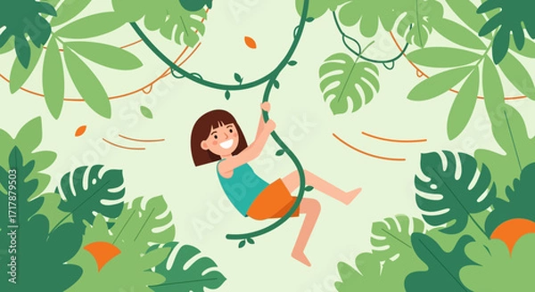 Fototapeta Joyful Girl Swinging On A Vine In Tropical Forest Surrounded By Lush Greenery Scene