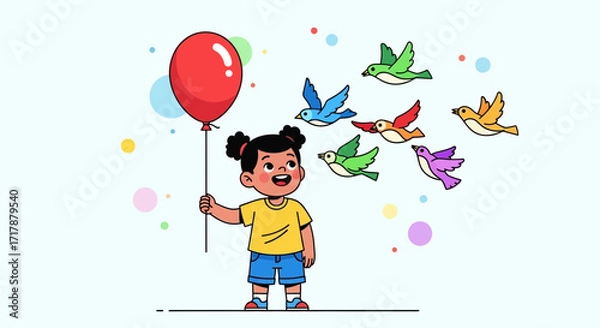 Fototapeta Joyful Girl With Red Balloon and Colorful Birds Representing Freedom and Cheerfulness