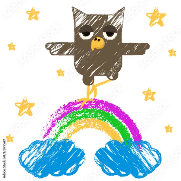 Fototapeta Funny Chalk texture kid owl on the rainbow. Vector illustration of cute kid color Pencil bird. Child hand drawn art isolated white. Trendy naive realistic crayon texture art for kid room poster 
