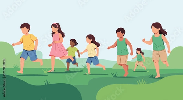 Fototapeta Joyful Group Of Children Sprinting Across A Verdant Landscape During Daytime