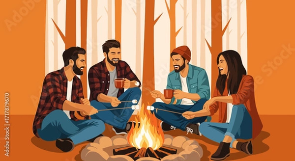 Fototapeta Joyful Group Roasting Marshmallows Around A Campfire In A Forest Environment