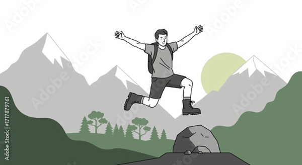 Fototapeta Joyful Hiker Leaps Across Mountain Terrain Illustrating Adventure and Freedom