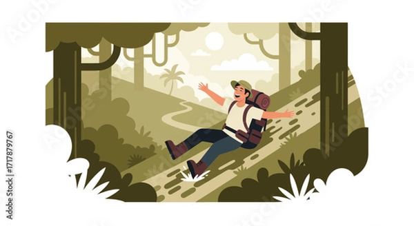 Fototapeta Joyful Hiker Sliding Downhill in a Forest Enjoying the Thrill of The Adventure