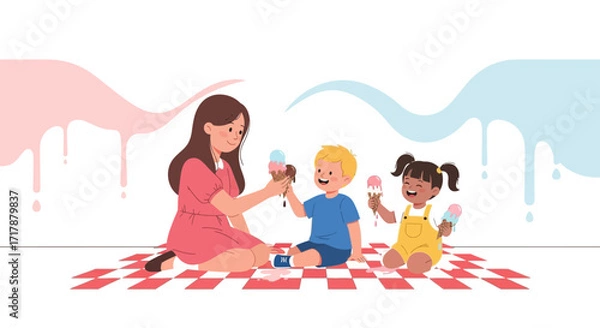 Fototapeta Joyful Ice Cream Time Shared Between Mother And Little Children On A Chequered Picnic Blanket