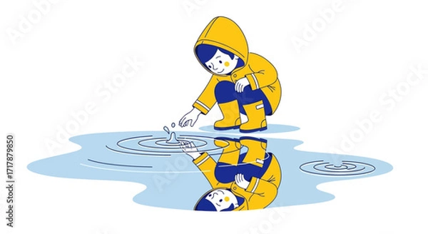 Fototapeta Joyful Illustration of a Child's Reflection in a Rain Puddle on a Bright Day