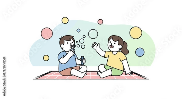 Fototapeta Joyful Illustration Of Siblings Having Fun, Blowing Bubbles On A Sunny Afternoon