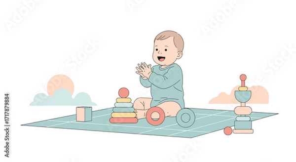 Fototapeta Joyful Infant Playing With Geometric Blocks And Stacking Toys On Playmat In Pastel Tones