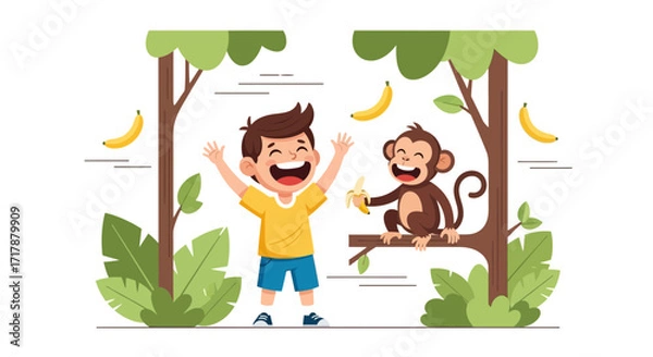 Fototapeta Joyful Interaction: A Young Boy's Delightful Encounter With a Playful Monkey