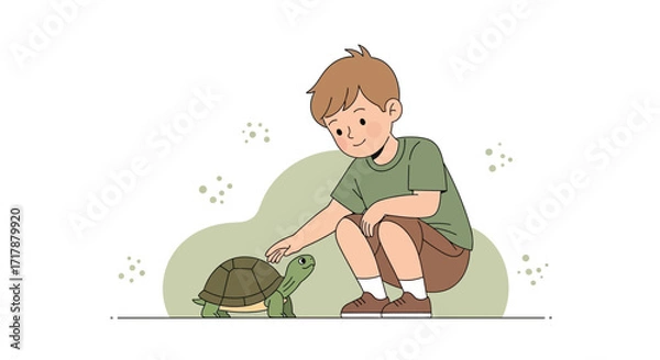 Fototapeta Joyful Interaction: A Young Boy's Gentle Moment with a Friendly Tortoise