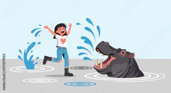 Fototapeta Joyful Interaction Between a Cheerful Young Girl and Playful, Animated Hippo