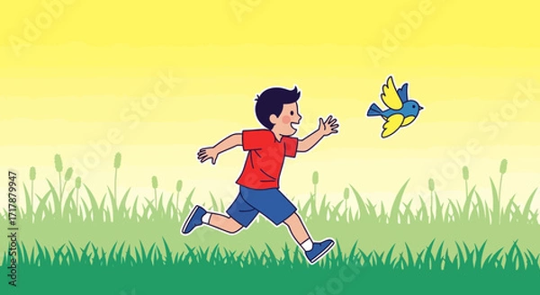 Fototapeta Joyful Kid Chasing A Bird In A Sunny Field, With Playful And Vibrant Colors