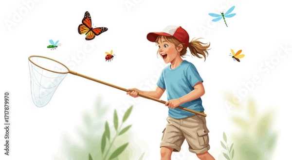 Fototapeta Joyful Kid Chasing Butterflies and Insects with a Net in a Sunny Meadow