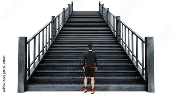 Fototapeta Young Man Standing at Base of Large Modern Staircase with Metal Railings