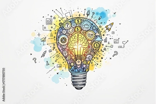 Fototapeta Innovative business concept illustration with brain and lightbulb symbolizing creativity and strategy on white background with colorful elements. Ai generative