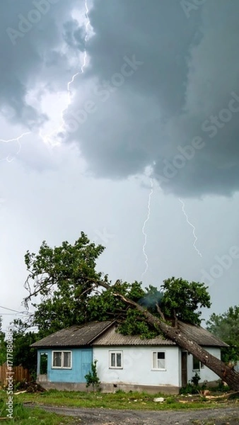 Obraz Storm-damaged house with fallen tree (1)