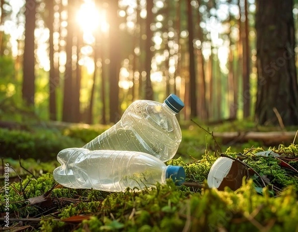 Obraz Plastic bottles litter forest floor