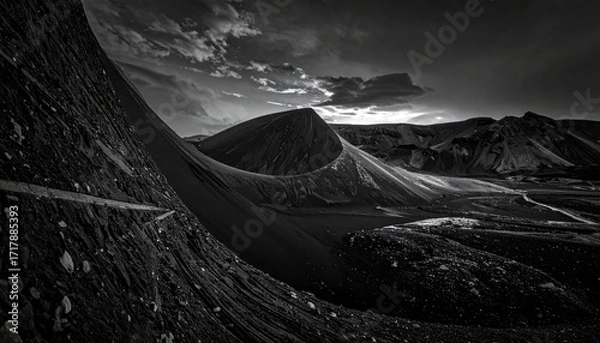 Obraz Monochromatic Panorama of Crowded Stadium Seats Under Cloudy Sky At Twilight