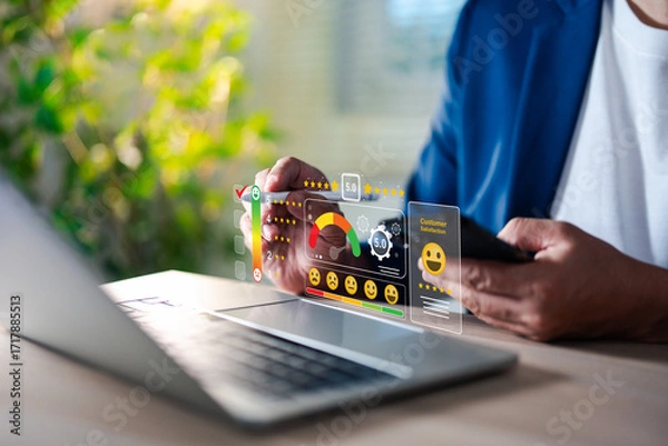 Fototapeta A user give rating to service experience on laptop online application, Evaluate quality of service leading to reputation ranking of business. Customer review satisfaction feedback survey concepts.